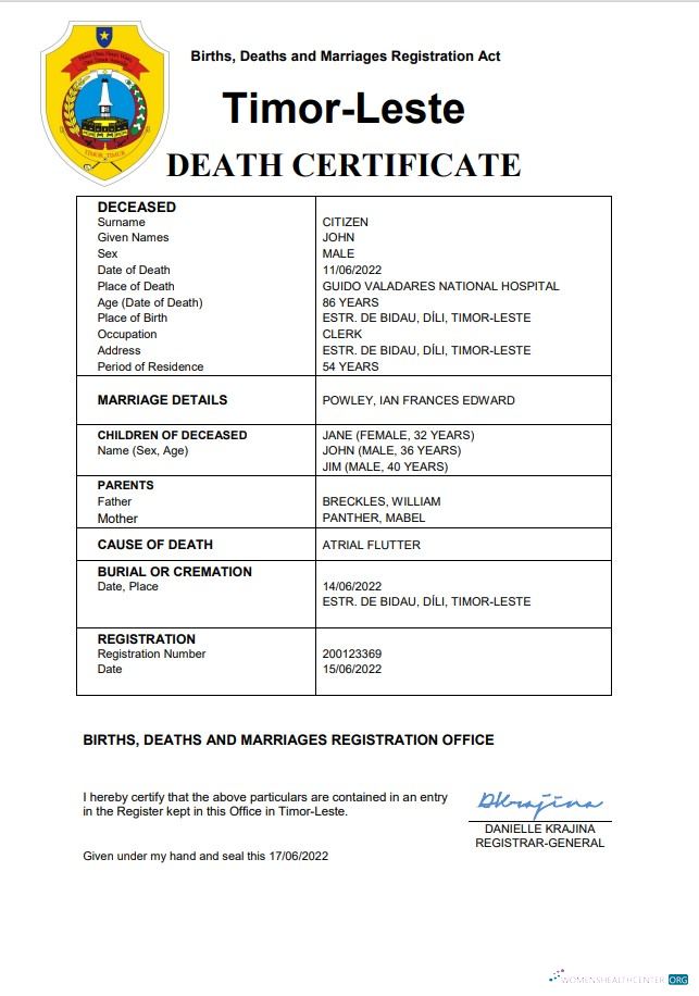 Download Timor Leste vital record death certificate Word and PDF template Photoshop template